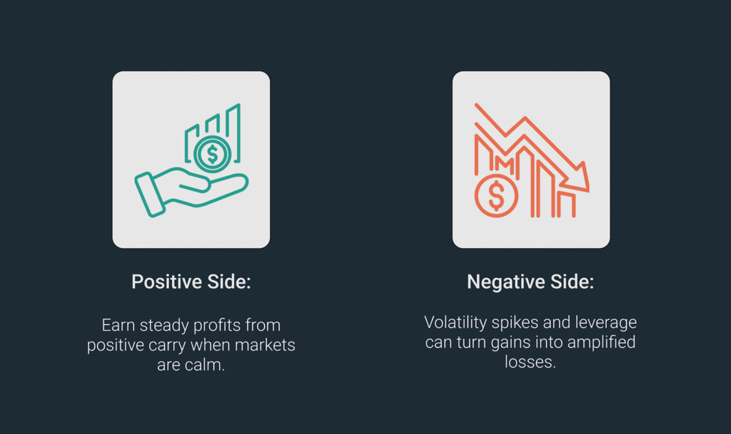 Graphic comparing the pros and cons of carry trades. On the positive side, traders can earn steady profits from positive carry when markets are calm. On the negative side, volatility and leverage can quickly turn those gains into larger losses.