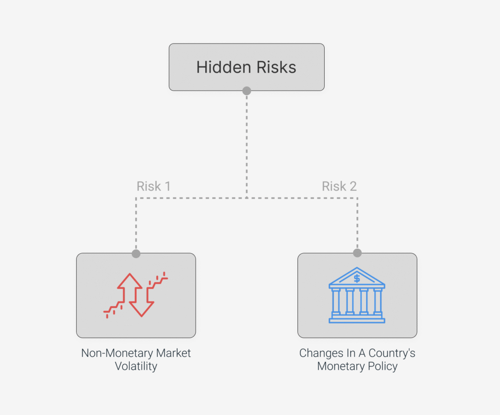 Diagram outlining hidden risks in carry trades, including sudden market volatility and unexpected changes in a country’s monetary policy, both of which can quickly impact profitability.