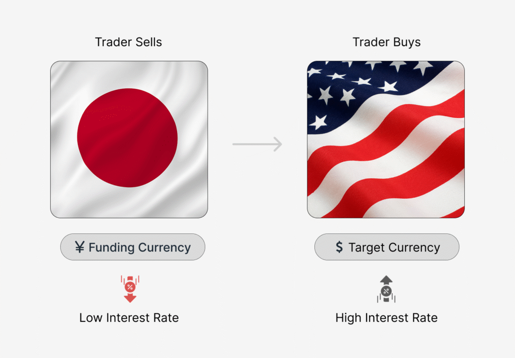 Illustration of a forex carry trade showing a trader selling Japanese yen, a low interest rate funding currency, to buy US dollars, a high interest rate target currency.